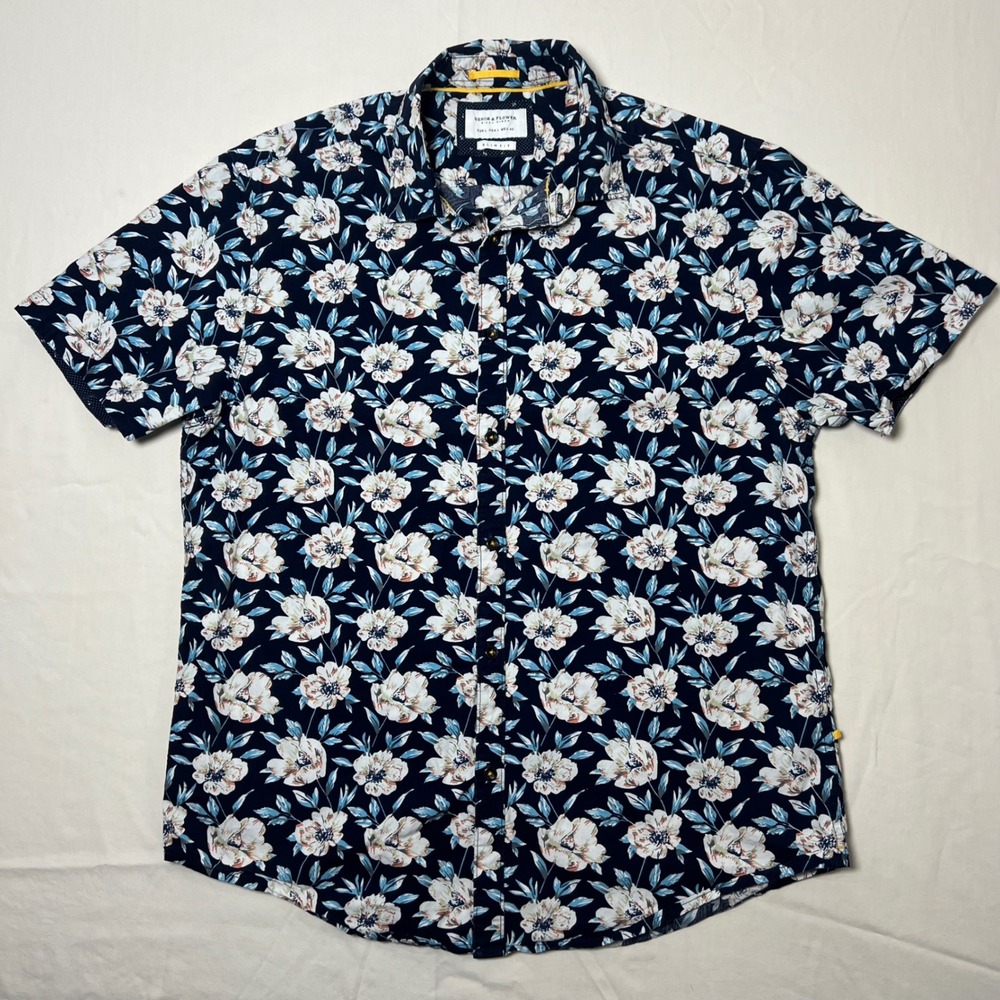Denim & Flower Ricky Singh Mens Large Slim Fit Floral Short Sleeve Button Shirt